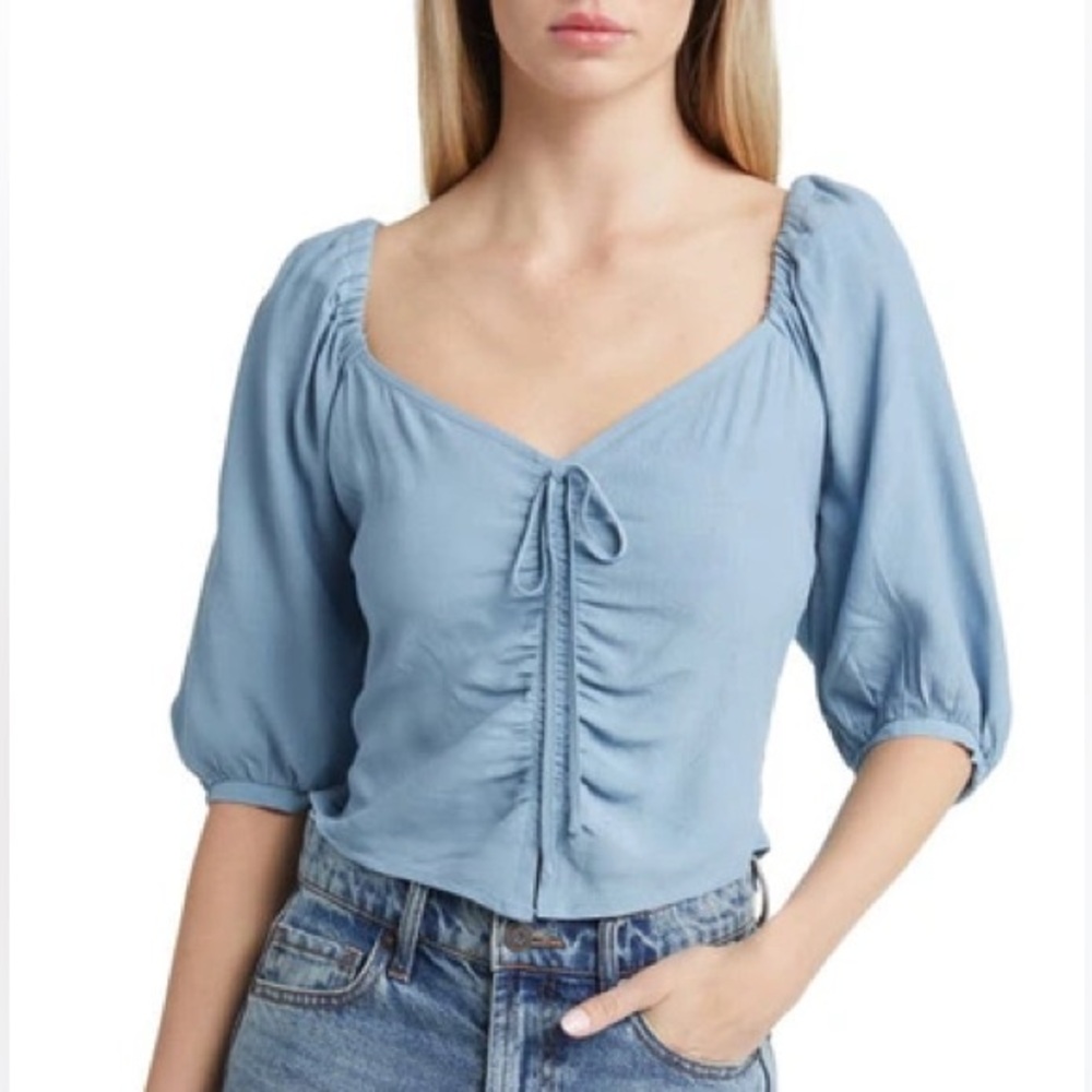 Open Edit Tie Front Puff Sleeve Blouse
